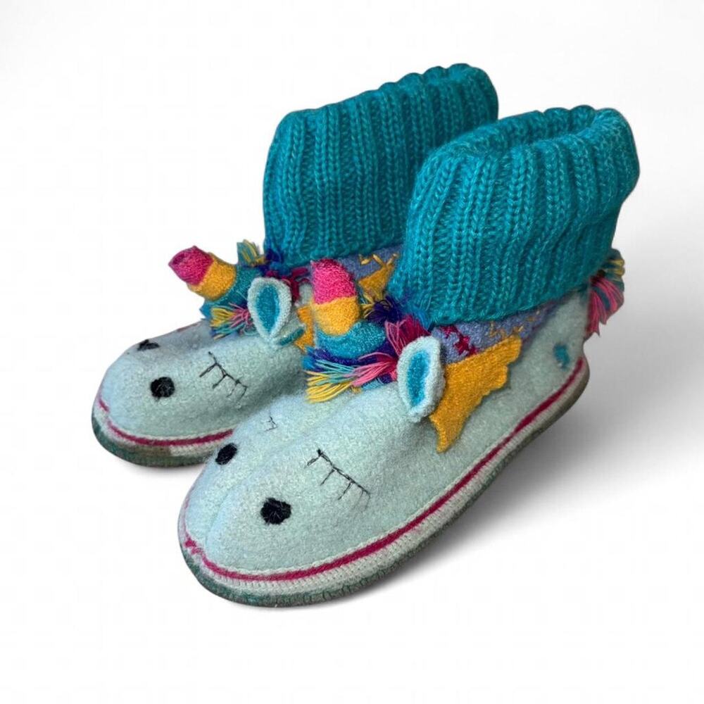Garnet Hill Haflinger Unicorn Slipper Boots Kids 12 100% Wool Rainbow Blue